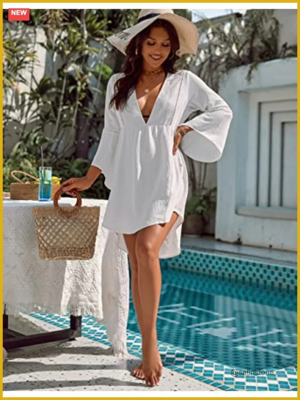 V Neck Chiffon Swimsuit Coverup Bell Sleeve Beach Dress